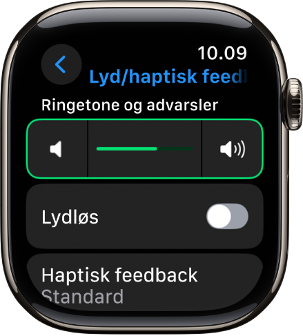 Indstillinger til Lyde & haptisk feedback på Apple Watch med mærket Lydstyrke på advarsel øverst og kontakten Lydløs nedenunder.