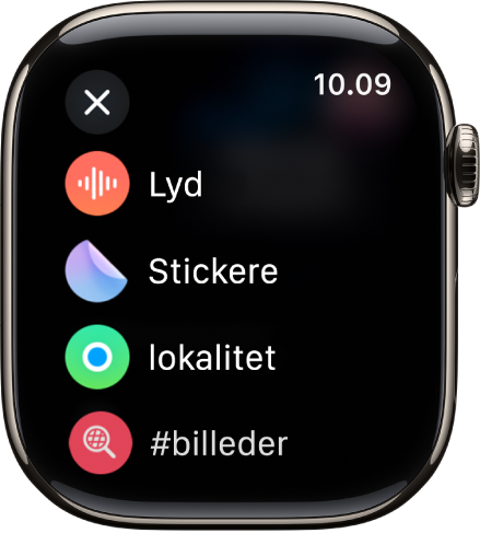 Skærmen Beskeder, der viser muligheder for bilag, f.eks. lyd, stickere, lokalitet og billeder.