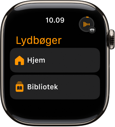 Appen Lydbøger, der viser knapperne Hjem og Bibliotek.
