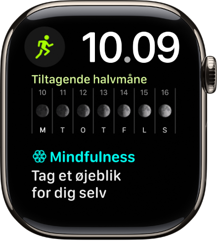 Urskiven Modulær duo, som viser et digitalt ur øverst til højre og tre komplikationer: Træning øverst til venstre, Månefase i midten og Mindfulness nederst.