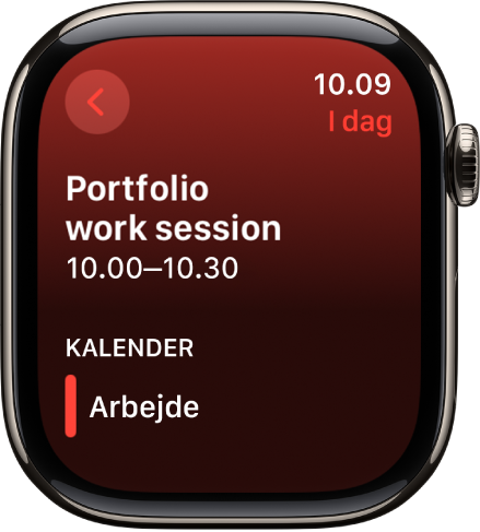 Skærm i Kalender, der viser en ny begivenhed. Navnet på begivenheden findes øverst med begivenhedens klokkeslæt nedenunder. Datoen for begivenheden er øverst til højre. Navnet på den kalender, som begivenheden hører til, vises under overskriften Kalender.