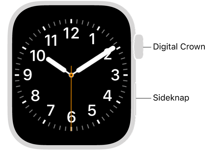 Forsiden af Apple Watch med Digital Crown øverst på urets højre side og sideknappen nederst til højre.