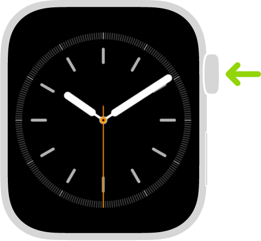 Illustration af Apple Watch med en pil, som peger på Digital Crown øverst til højre.
