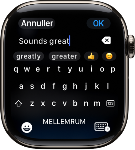 Skærm med tekstfeltet, hvor der vises en besked, der er oprettet med tastaturet på skærmen. Knapperne Emoji og Tastatur på skærmen findes nederst på skærmen.