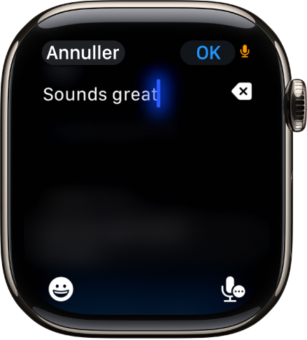 Skærm med tekstfeltet, hvor der vises en besked, der er oprettet med diktering. Knapperne Emoji og Diktering findes nederst på skærmen.