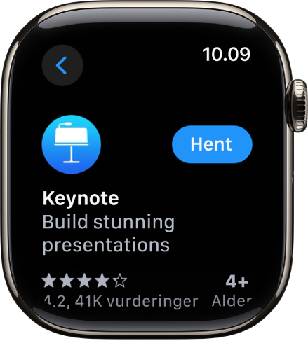 Skærm med App Store, der viser produktsiden for en app med en kort beskrivelse af appen, vurderinger og knappen Hent til højre.
