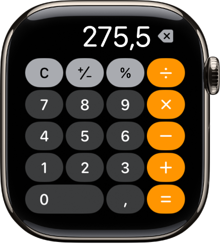 Apple Watch, der viser appen Lommeregner. Skærmen viser et typisk numerisk tastatur med matematikfunktioner til højre. Langs toppen ses knapperne C, plus eller minus og Drikkepenge.