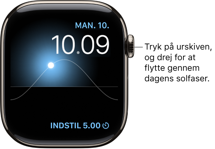 Urskiven Solursgraf viser oplysninger om ugedag, dato og klokkeslæt, som du ikke kan ændre på. Komplikationen Tidtagning vises nederst til højre. Tryk på urskiven, og drej derefter på Digital Crown for at flytte solen hen over himlen til skumring, daggry, zenit, solnedgang og mørke.