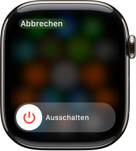 Die Apple Watch mit dem Regler „Ausschalten“. Bewege den Regler, um die Apple Watch auszuschalten.