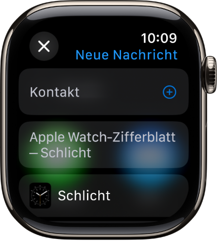 Die Apple Watch mit einer Nachricht zum Teilen des Zifferblatts. Der Name der Person, die das Zifferblatt erhält, steht oben. Darunter befinden sich die Taste „Kontakt hinzufügen“ und der Name des Zifferblatts.