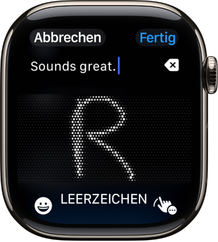 Der Textfeldbildschirm zeigt einen Buchstaben, der mit „Kritzeln“ geschrieben wurde. Die Tasten „Emoji“ und „Kritzeln“ befinden sich unten auf dem Bildschirm.