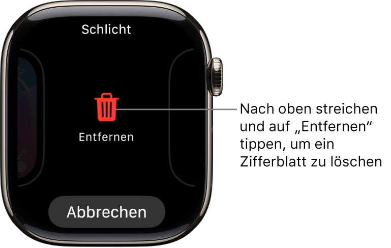 Display der Apple Watch mit den Tasten „Entfernen“ und „Abbrechen“, die angezeigt werden, wenn du zu einem Zifferblatt streichst und auf diesem nach oben streichst, um es zu löschen.