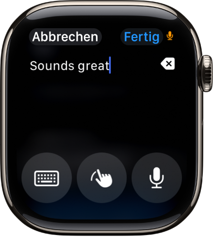 Der Textfeldbildschirm zeigt eine Nachricht oben auf dem Bildschirm. Die Tasten „Bildschirmtastatur“, „Kritzeln“ und „Diktieren“ befinden sich unten auf dem Bildschirm.