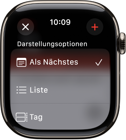 Die App „Kalender“ mit „Darstellungsoptionen“ – „Als Nächstes“, „Liste“ und „Tag“. Oben rechts befindet sich die Taste „Hinzufügen“.