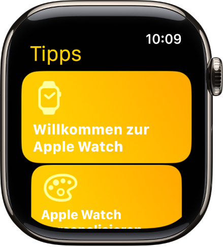 Die App „Tipps“ zeigt eine Reihe von Tipps, wie zum Beispiel „Willkommen bei der Apple Watch“.