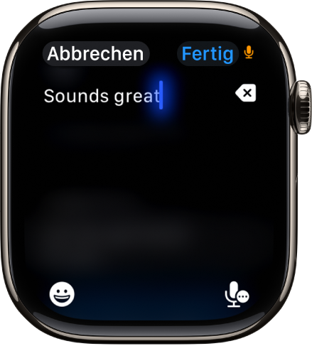 Der Textfeldbildschirm zeigt eine Nachricht, die mit der Diktierfunktion erstellt wurde. Die Tasten „Emoji“ und „Diktieren“ befinden sich unten auf dem Bildschirm.