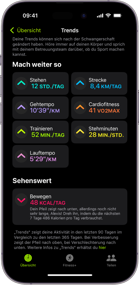 Der Tab „Trends“ in der App „Fitness“ auf dem iPhone Unter der Überschrift „Trends“ oben auf dem Display wird eine Reihe von Messwerten angezeigt. Zu den Messwerten gehören unter anderem „Trainieren“, „Stehen“ und „Strecke“. Unter der Überschrift „Sehenswert“ wird „Bewegen“ angezeigt.