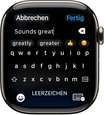 Der Textfeldbildschirm zeigt eine Nachricht, die mit der Bildschirmtastatur erstellt wurde. Die Tasten „Emoji“ und „Bildschirmtastatur“ befinden sich unten auf dem Bildschirm.