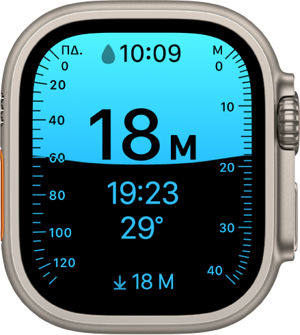 Μια οθόνη «Βάθος» στο Apple Watch Ultra, που εμφανίζει το τρέχον βάθος, τον χρόνο που έχει παρέλθει και τη θερμοκρασία νερού.
