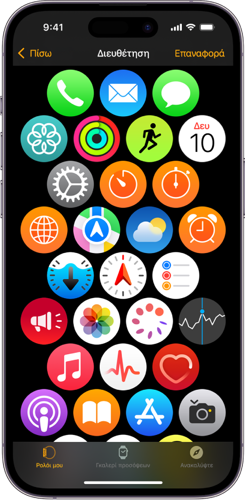 Η οθόνη «Διευθέτηση» στην εφαρμογή Apple Watch όπου εμφανίζεται ένα πλέγμα εικονιδίων.