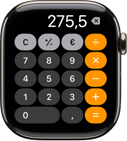 Το Apple Watch όπου εμφανίζεται η εφαρμογή «Αριθμομηχανή». Η οθόνη εμφανίζει ένα τυπικό πληκτρολόγιο αριθμών με μαθηματικές συναρτήσεις στα δεξιά. Στο πάνω μέρος, εμφανίζονται τα κουμπιά C, συν ή πλην, και Φιλοδώρημα.