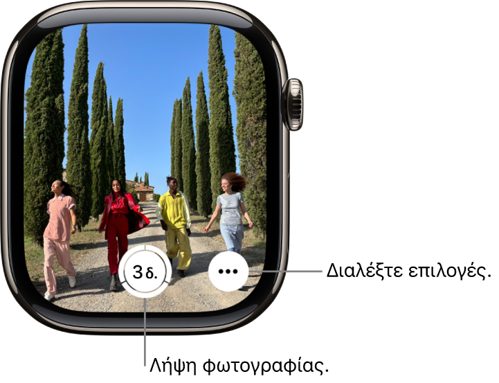 Στην οθόνη του Apple Watch εμφανίζεται η προβολή της κάμερας του iPhone. Το κουμπί κλείστρου βρίσκεται κάτω στο κέντρο. Το κουμπί «Περισσότερες επιλογές» εμφανίζεται πάνω δεξιά.