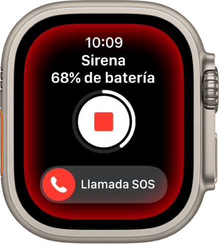 Cuenta regresiva de la sirena. Cerca de la parte superior está el nivel de carga de la batería, en el centro está el botón Reproducir, y en la parte inferior está el regulador Llamada SOS.