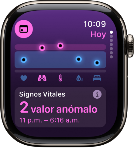 Pantalla de la app Signos Vitales mostrando dos valores anómalos en las estadísticas nocturnas.