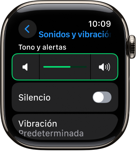 La configuración de Sonidos y vibración en el Apple Watch con el regulador Volumen de alerta en la parte superior y el botón del modo Silencio debajo de él.