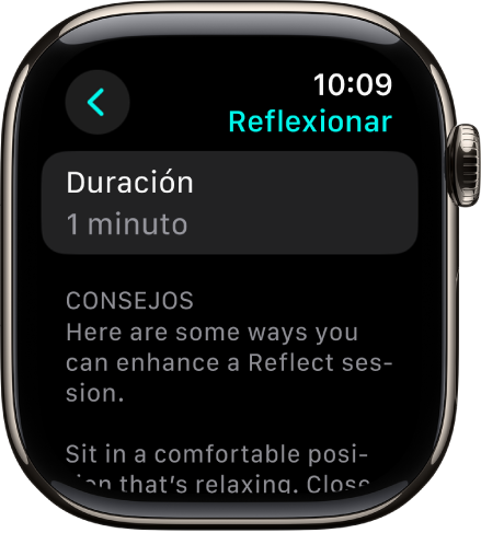 La pantalla de la app Atención Plena muestra una duración de un minuto en la parte superior. Debajo hay consejos que te ayudan a mejorar una sesión de Reflexionar.