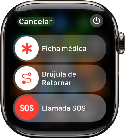 La pantalla de servicios de emergencia. Cerca de la parte superior está el regulador Ficha médica, en el centro está el regulador Brújula de Retornar, y en la parte inferior está el regulador Llamada SOS.