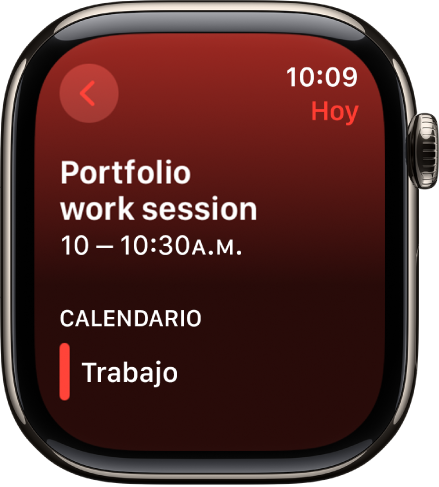 Pantalla de la app Calendario mostrando un nuevo evento. El nombre del evento se muestra en la parte superior; la hora del evento se muestra debajo de él. La fecha del evento está en la esquina superior derecha. Debajo del encabezado de Calendario se muestra el nombre del calendario al que pertenece el evento.