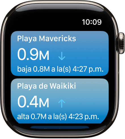 Una pantalla de la app Mareas mostrando una lista de ubicaciones con información sobre la marea.
