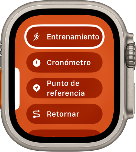 La pantalla Selector rápido mostrando las acciones que se pueden asignar al botón de acción, como Rutina, Cronómetro y Puntos de referencia.