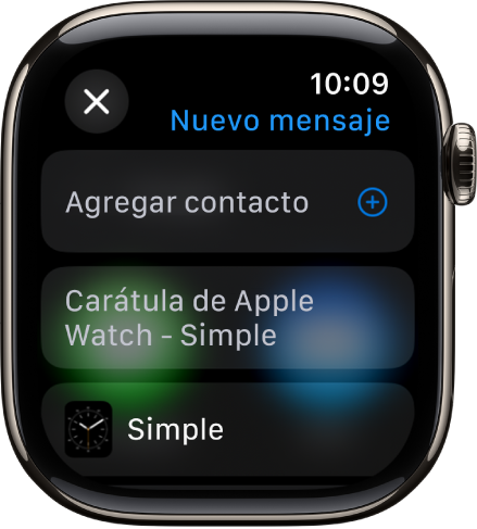 La pantalla del Apple Watch mostrando un mensaje que indica que se compartirá una carátula, y en la parte superior se ve el nombre del destinatario. Debajo está el botón Agregar contacto y el nombre de la carátula.