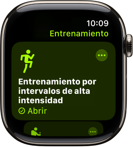 La pantalla Entrenamiento que muestra un entrenamiento de intervalos de alta intensidad.