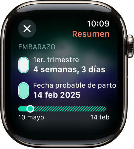 Pantalla de la app Control del Ciclo mostrando un embarazo registrado con con la edad gestacional y la fecha prevista del parto en el centro de la pantalla.