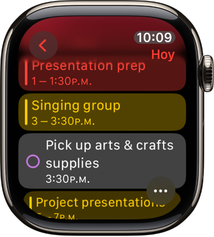 La pantalla de Calendario mostrando una lista de los eventos del día. Cada evento tiene un indicador de color que coincide con el calendario al que pertenecen.