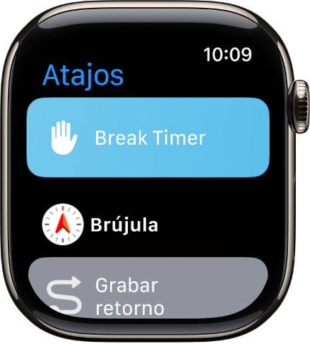 La app Atajos mostrando tres atajos: Temporizador de descansos, Brújula y Grabar retorno.