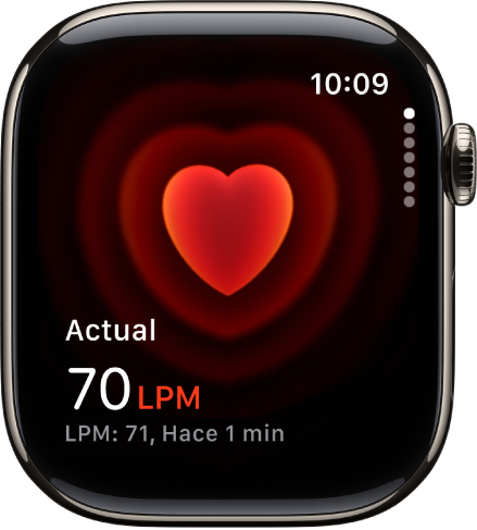La pantalla de Frecuencia Cardiaca con la frecuencia cardiaca actual en el área inferior izquierda, y debajo está la lectura más reciente en una letra más pequeña.