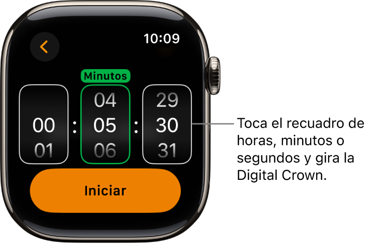 Configuración para crear un temporizador personalizado, con las horas en la izquierda, los minutos en el centro y los segundos en la derecha. Debajo está el botón Iniciar.