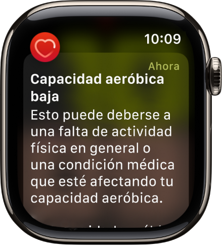 Una alerta de Frecuencia Cardiaca indicando una capacidad aeróbica baja.
