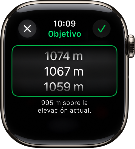 La app Brújula mostrando la pantalla Altitud objetivo. Aparece una lista desplegable de altitudes en medio de la pantalla. Debajo de la lista hay una indicación de la distancia superior o inferior de la altitud seleccionada con respecto a tu altitud actual. En la parte superior están los botones Cerrar y Seleccionar.