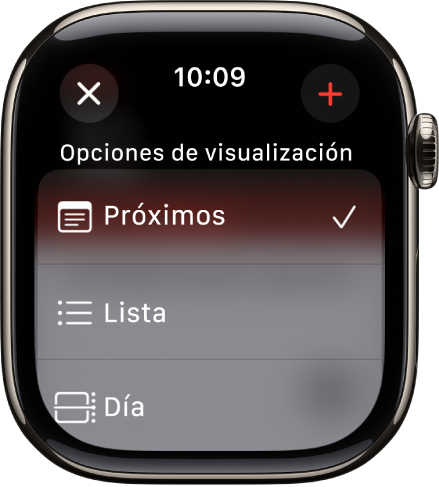 La pantalla de Calendario mostrando Opciones de visualizaciones: Próximos, Lista y Día. El botón Agregar está en la esquina superior derecha.