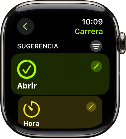 La app Entrenamiento muestra una pantalla para editar un entrenamiento Carrera al aire libre. El cuadro Abrir está en el centro y tiene el botón Editar en la esquina superior derecha. Debajo se encuentra una parte del cuadro Tiempo.