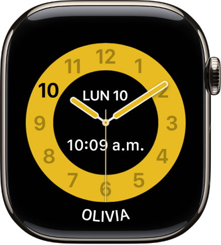 La carátula Horario escolar mostrando un reloj analógico con la fecha y un temporizador digital cerca del centro. El nombre del menor de edad que usa el reloj se muestra en el área inferior.