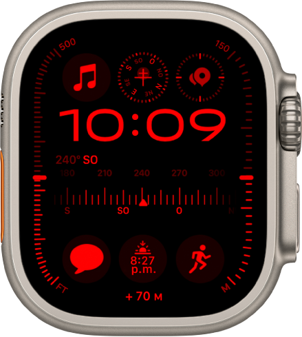 La carátula Modular (Ultra) en el Apple Watch Ultra con la pantalla de visión nocturna.