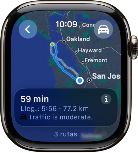 La app Mapas mostrando un vistazo general de las indicaciones en auto. La primera parte del trayecto se muestra en la parte inferior.