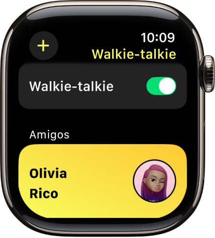 Pantalla de Walkie-talkie mostrando el botón Walkie-talkie cerca de la parte superior, y un amigo en la parte inferior.