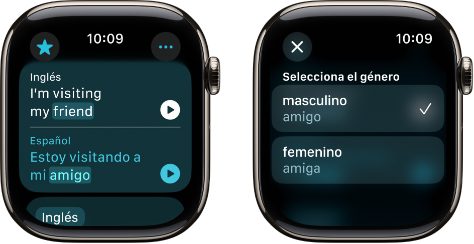 Dos pantallas de la app Traducir, la primera muestra una frase en inglés en la parte superior traducida al español en la parte inferior. La segunda pantalla muestra una palabra resaltada con diferentes variaciones de género.